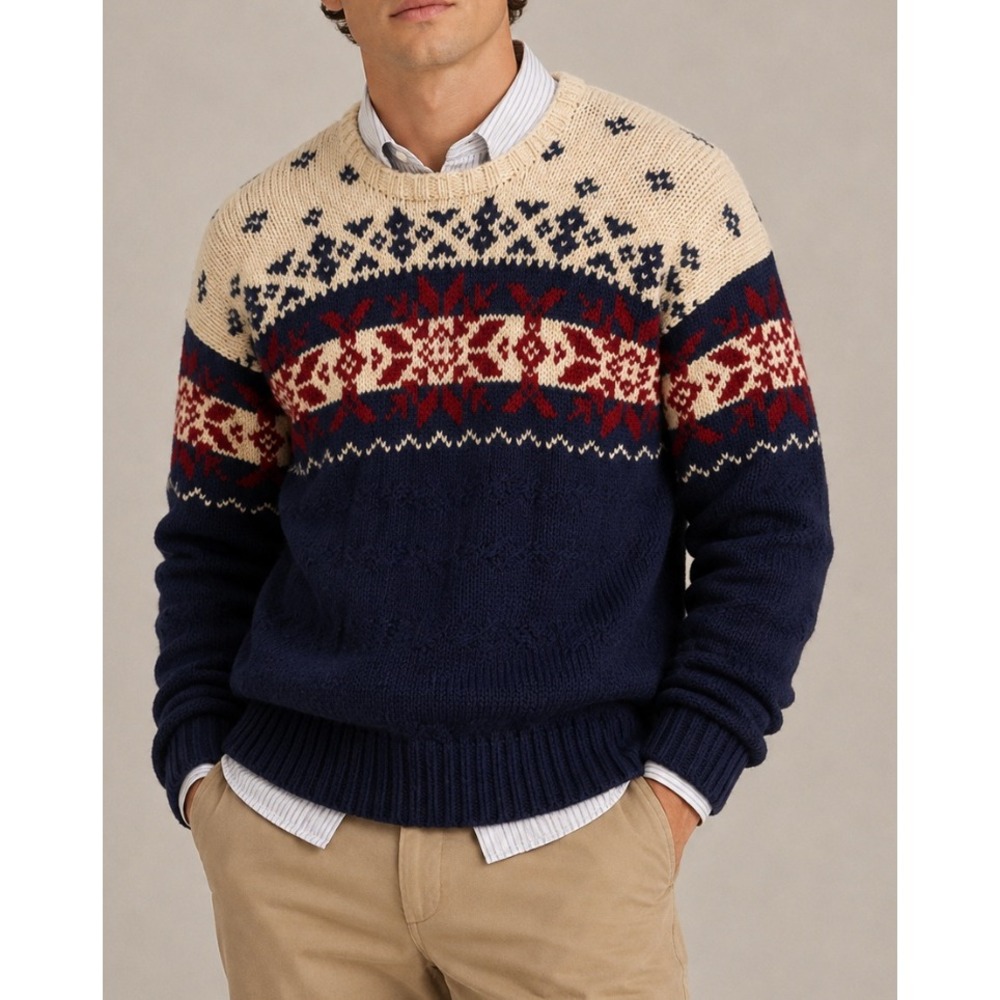 Vtg Rare Polo Ralph Lauren Men Hand Knit Wool Fair Isle Snowflake Sweater Blue L